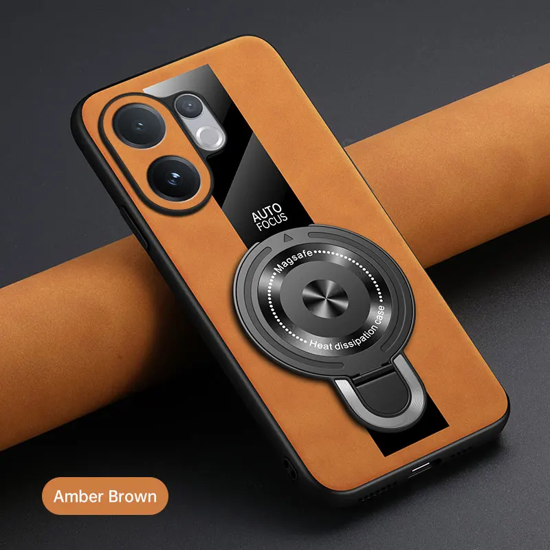 Luxury Shockproof Case with Magnetic Ring Holder and Leather Back Cover