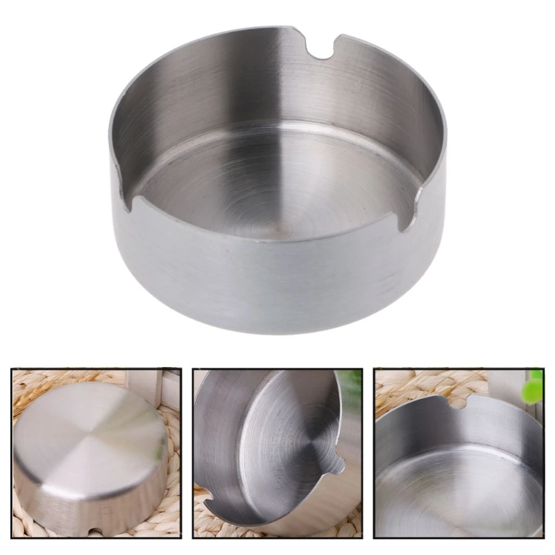 Round Stainless Steel Ashtray Tabletop Silver Cigarette  Tray Portable for CA images - 6