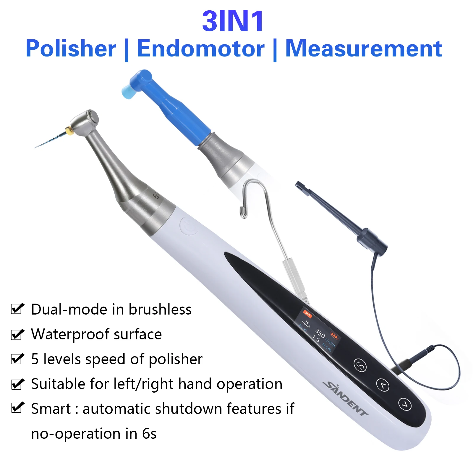 Dental Brushless 3 in 1 Endo Motor Built-in Apex Locator Cordless Polishing 16:1 Contra Angle Multifunction Dentist Tools