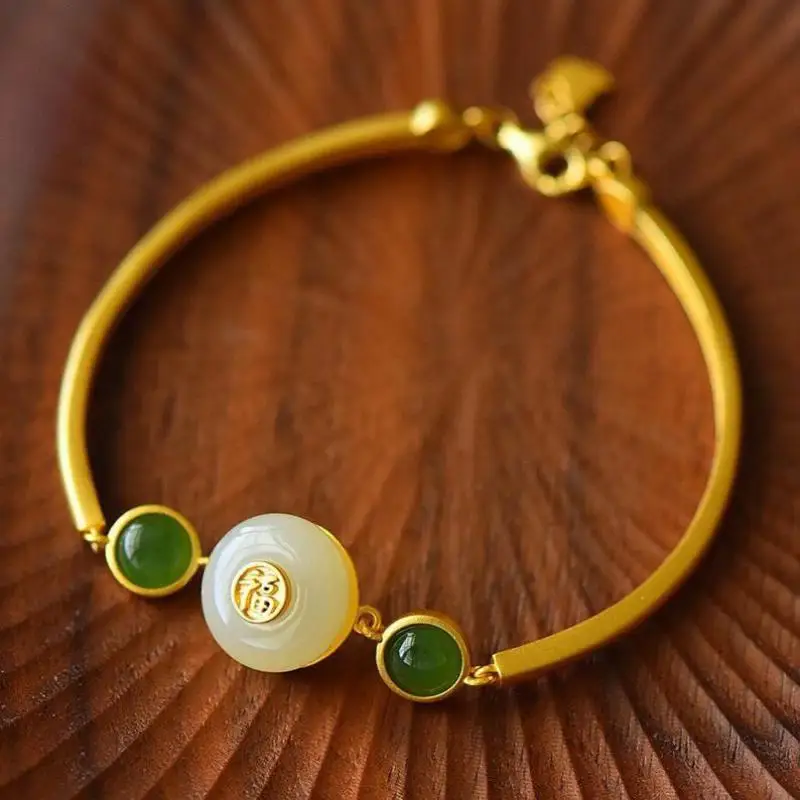 

Natural White Jade 925 Sterling Silver Bangle Hetian Jades Nephrite Donut Round Safety Buckle Silver Bangles Women Gold Bracelet