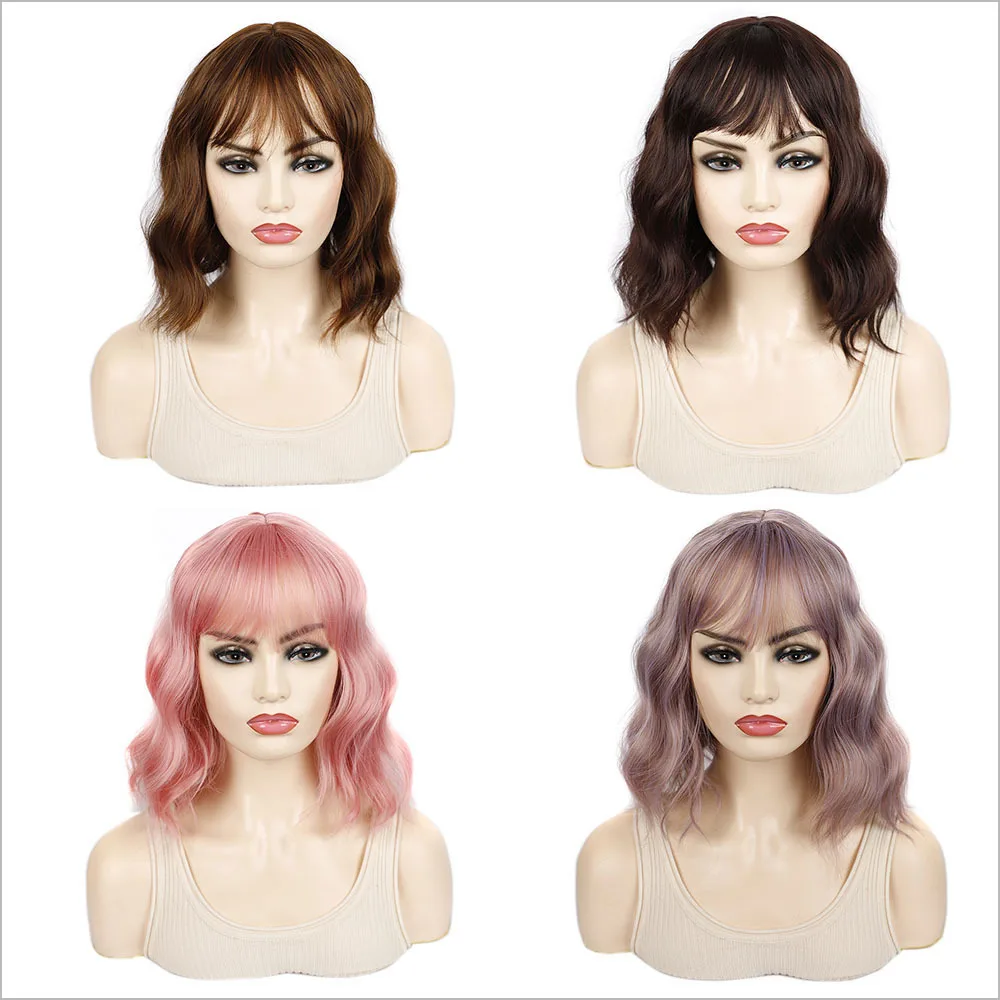 

35CM Short Water Ripple Wavy Daily Wigs with Fluffy Bangs Medium Lolita Natural Bob Synthetic Wig for Women Lolita Wig