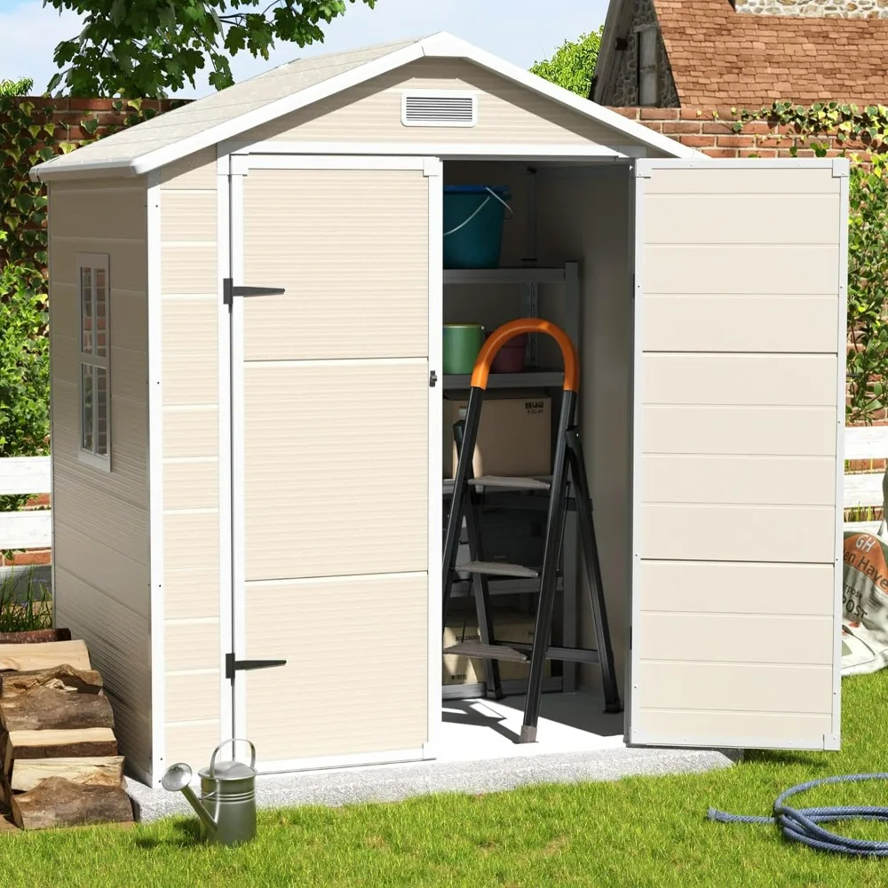 

Outdoor Storage Shed, 6x4.5 FT Resin Shed with Floor and Lockable Door,Waterproof Tool Sheds & for Bike, Garbage Cans, Sandstone