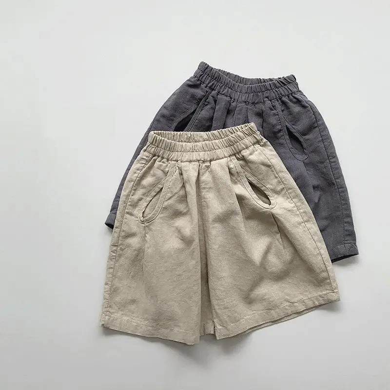 

2024 Summer New Children Casual Shorts Solid Versatile Baby Girls Cotton Linen Shorts Kids Thin Loose Clothes Boys Middle Pants
