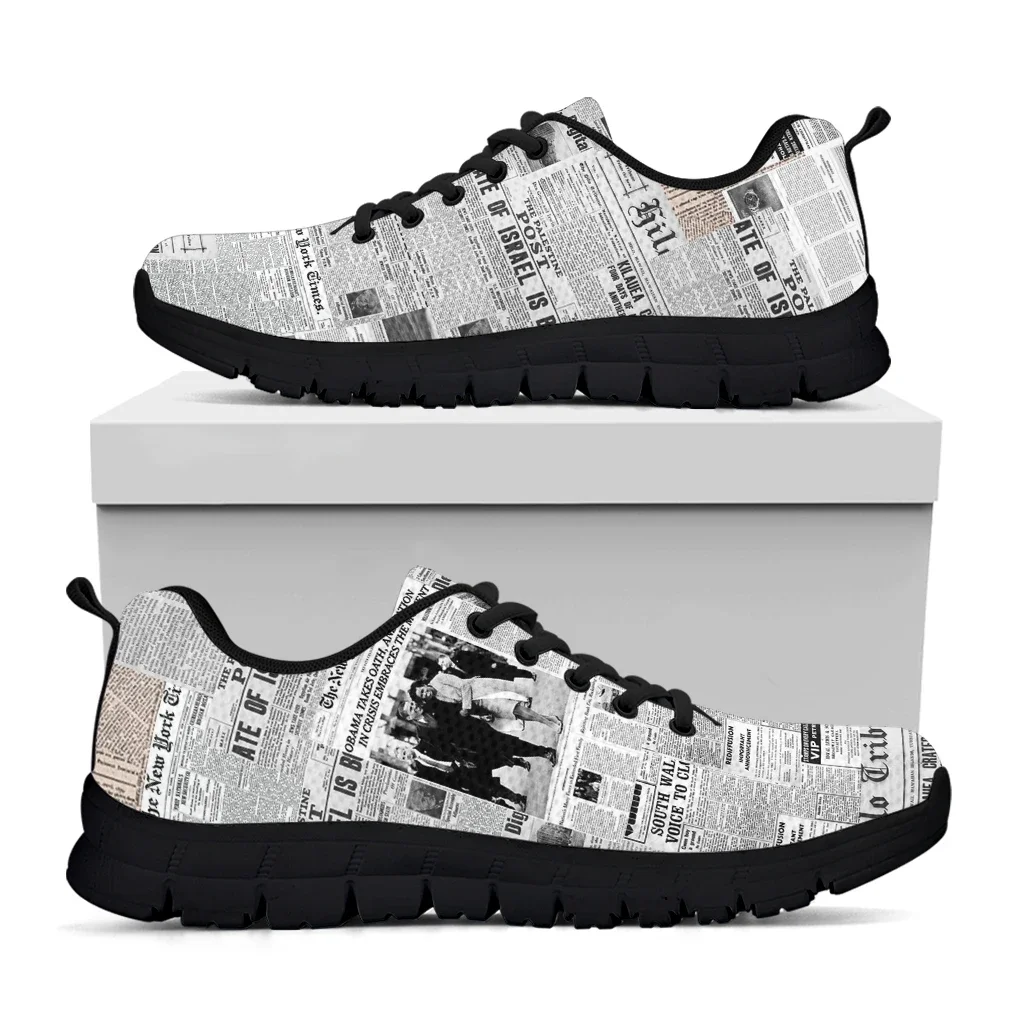 Vintage Newspaper Printing Lace Up Casual Sneaker For Women Fashion Light Walk Flat Shoe Breathable Mesh Footwear