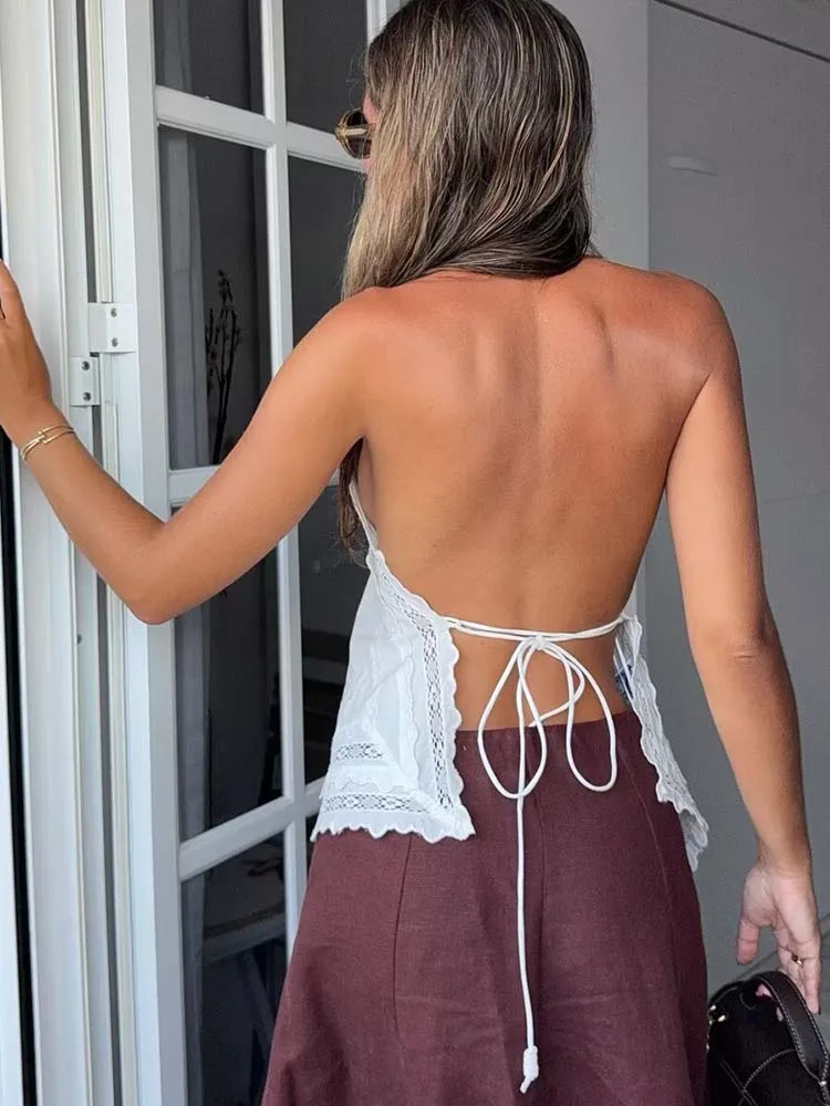 New Women Embroidery Halter Fashion Elegant Crop Tie Top Woman 2025 Sleeveless Backless Short Tops Women Sexy Elegant Party Top