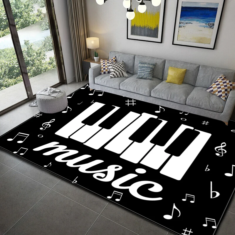 Music Note Living Room Rugs Black White Pattern Nonslip Kitchen Floor