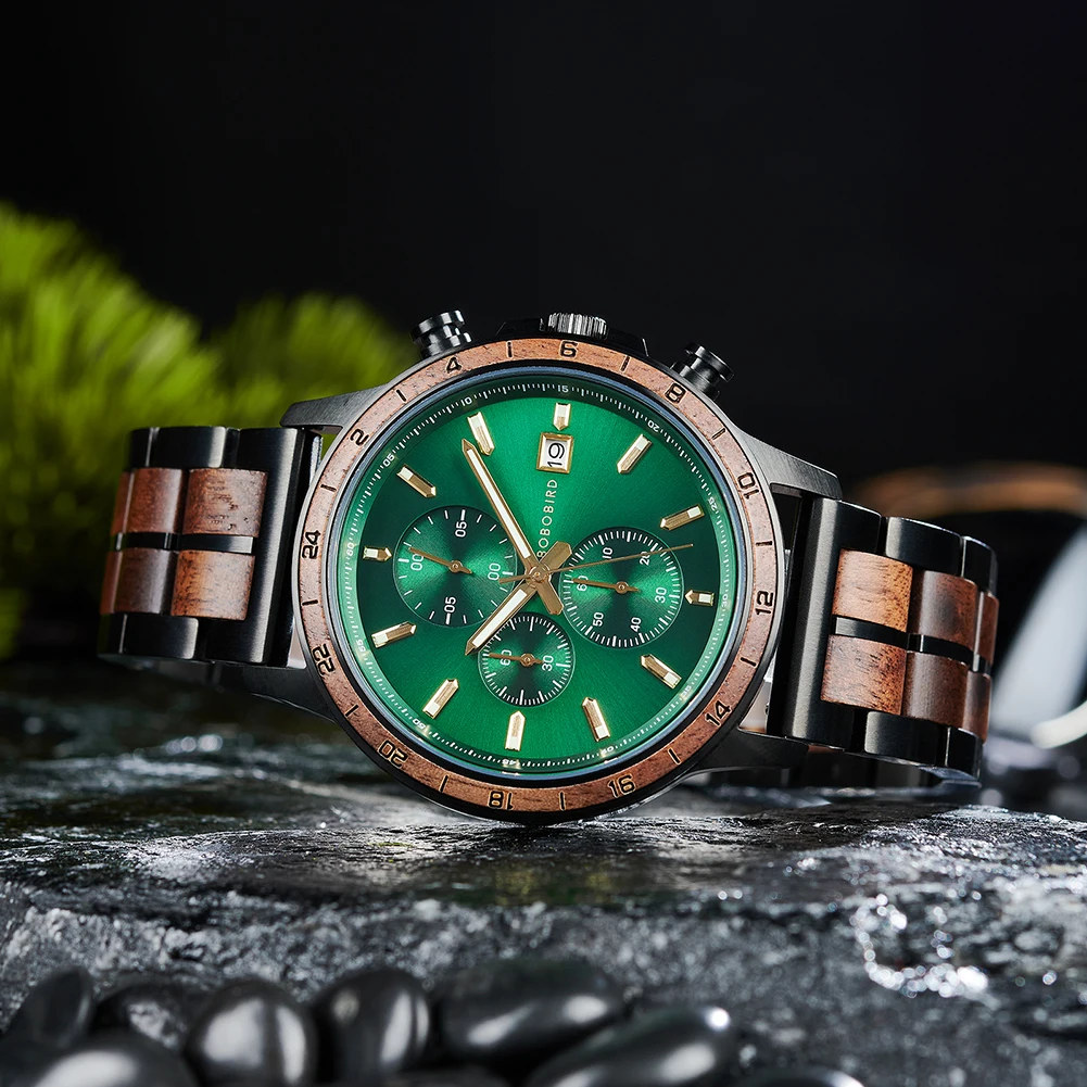 

BOBO BIRD Luxury Men's Watches Wood & Stainless Combined Chronograph Military Quartz Casual Wristwatches