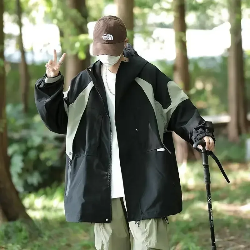 남성용 스타일리시 3-in-1 마운틴 재킷: 봄/가을용 캐주얼 빈티지 컬러 블록 후드 워크웨어
