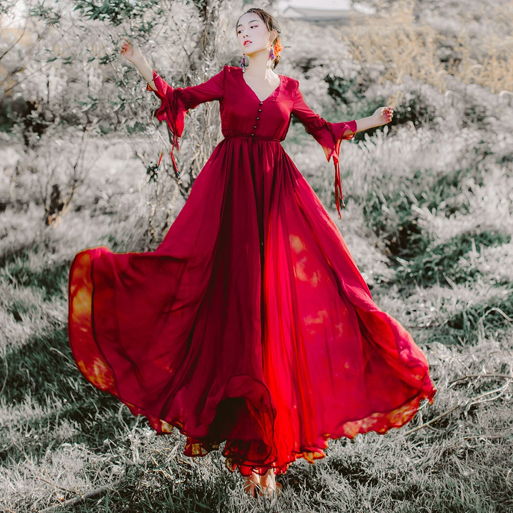 

Khalee Yose Red Boho Maxi Dress Long Sleeve Vintage Boho Beach Dresses for Women Bohemian Hippie Chic Chiffon Gypsy Party Dress