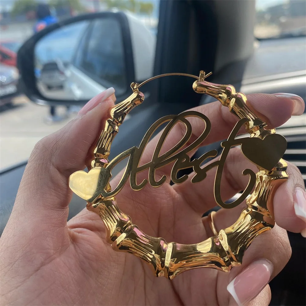 Personalized Custom Name Earrings Big Round Bamboo Hoops Earrings Gold Stainless Steel Nameplate Heart Earring Jewelry for Women