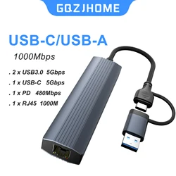 High - Speed USB Ethernet Adapter with 3 - Port USB3.0 Hub (1000M)