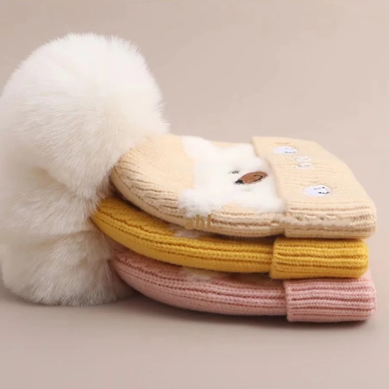 Cute Plush Ball Baby Woolen Hat Cartoon Bear Kids Ear Protection Cap 0-2year Children Winter Warm Pullover Cap Knitted Beanies 3