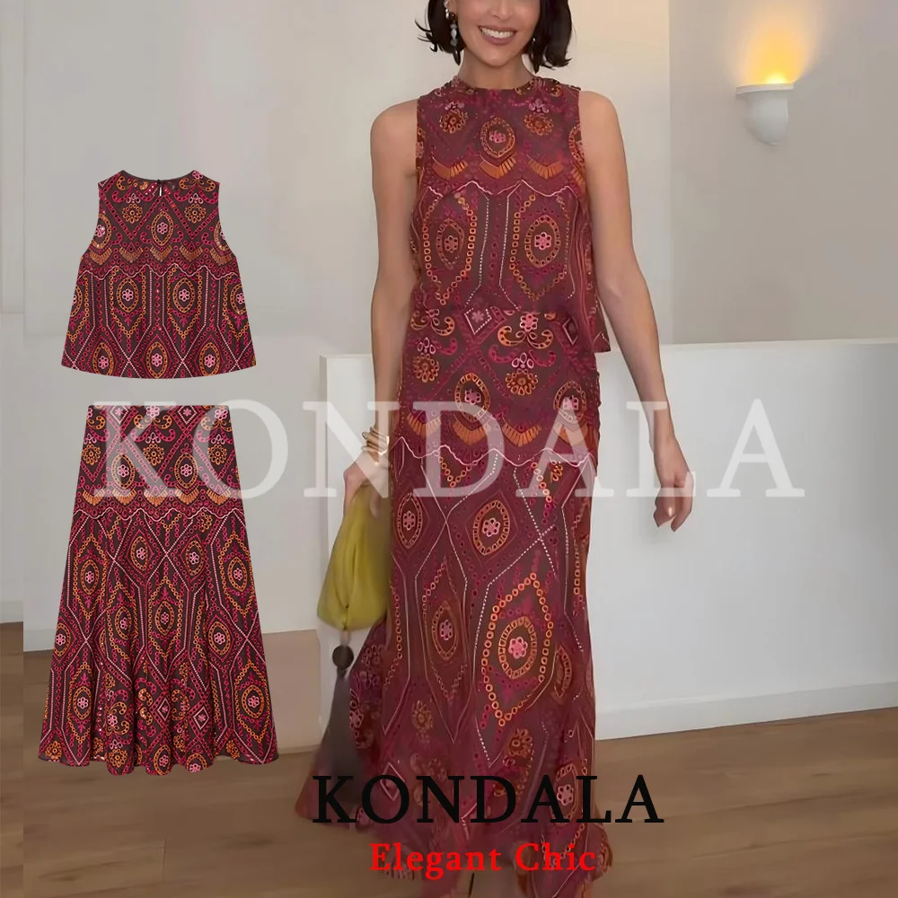 KONDALA Damen Chic Stickerei-Rock-Set Urlaubs-Trendiges Ausgehöhltes Blumen-Tanktop-Set 2026 Sommer Mode Elegantes Damen-Rock-Set – Detail 3