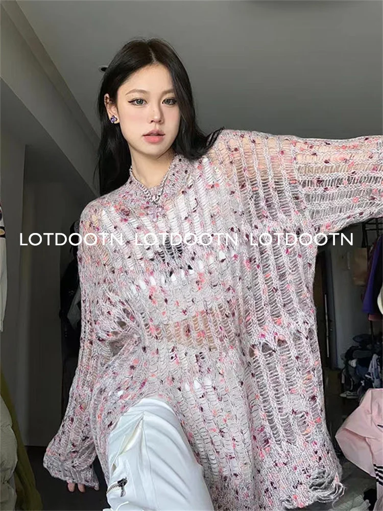 LOTDOOTN Pink Gothic Long Sweaters Women Ripped Holes Loose Knitted Pullover  Frayed Fairy Grunge Jumpers Y2K Thin Streetwear Top - AliExpress