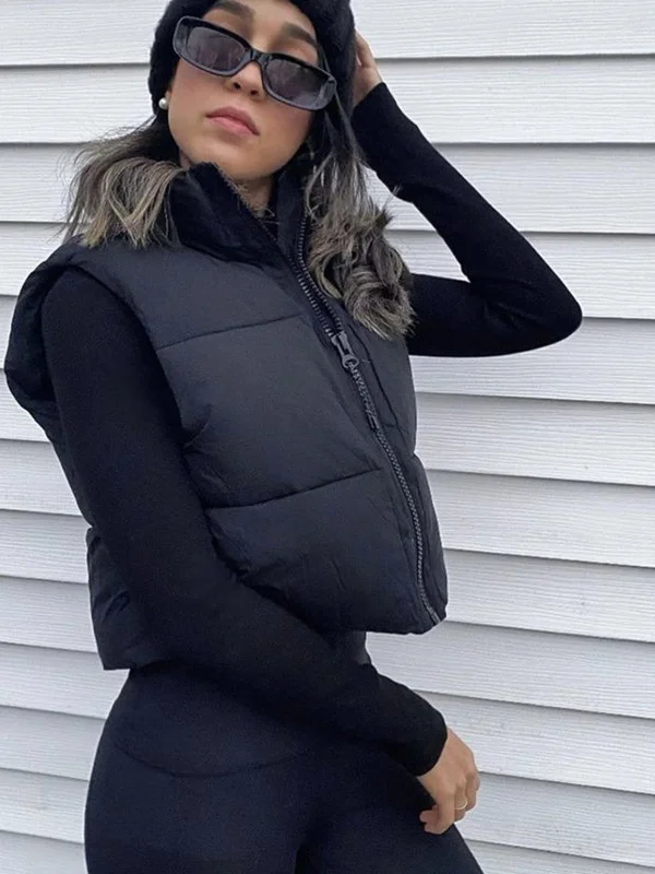 Herbst Winter Kurze Unten Weste Frauen Stehen Kragen Zipper Ärmellose Jacke Warme Stepp Cropped Mäntel Straße Kordelzug Weste – Detail 12