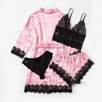 Pink Stripe Robe and Pajamas set Women Silk Satin Lace Sleepwear Summer Sexy Faux Silk Pijamas Bathrobe Homewear Night Robe Set - Image 2