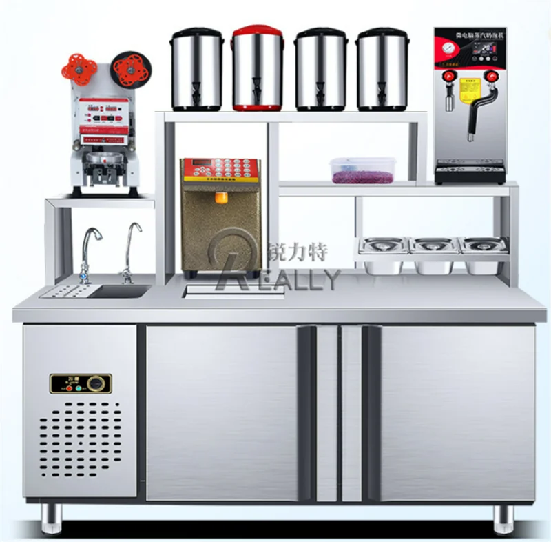 

Stainless Steel Milk Tea Bar Counter For Bubble Tea Shop Customized Water Ice Salad Bar Refrigerator Work Table