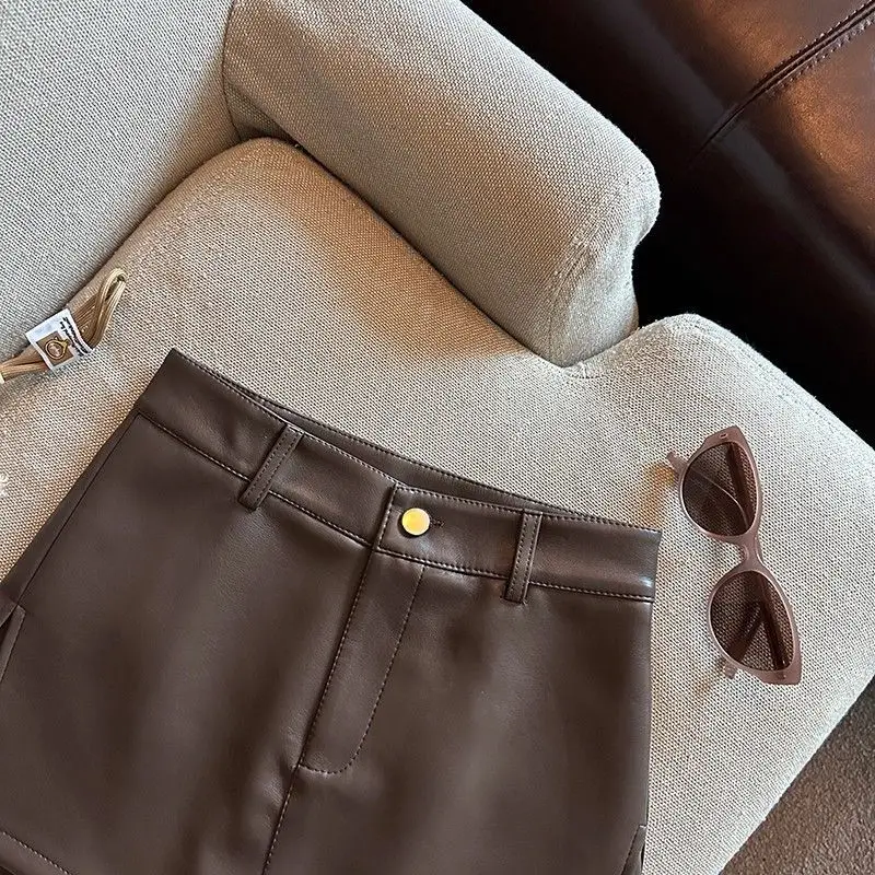 Vintage Braun PU Leder Röcke Weibliche Sexy Hot Mädchen Paket Hüfte Mini Rock Frauen Herbst Winter Hohe Taille Split Shorts Rock – Detail 12