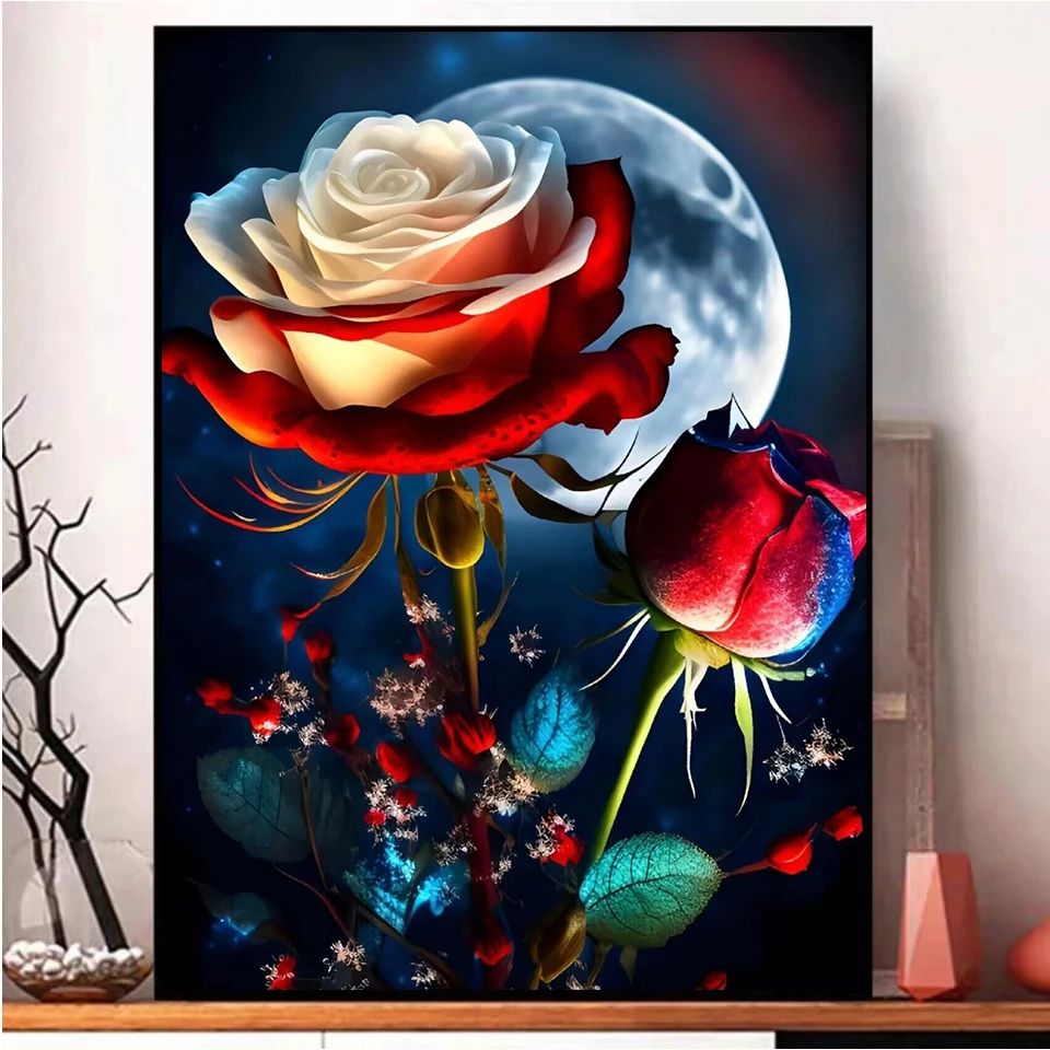 Moon Diamond Painting Dream Rose Diamond Ricamo Fiori Rossi E Bianchi Full Square/Round Drill Punto Croce Mosaico Home Decor