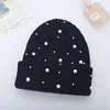 Solid Color Curled Edge Brimless Cap Pearl Decoration Shining Knitted Hat Fashuonable and Ersatile Outdoor Cold Proof Warm Hat 3