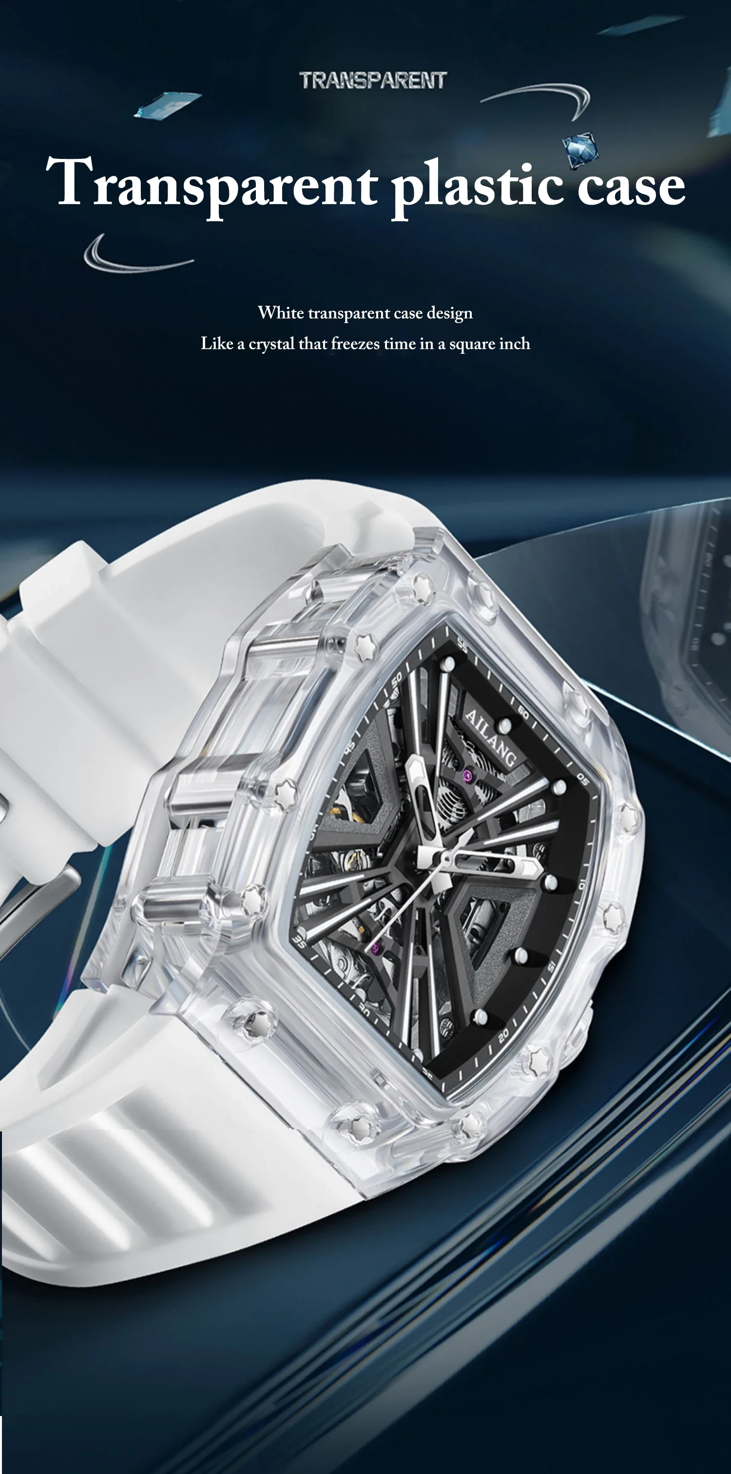 AILANG Herren Automatikuhr, leuchtend, sportlich, modisch, wasserdicht, transparentes Design im Weinfass-Stil, für Männer – Detail 5