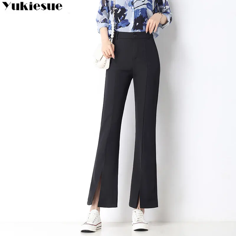

2022 Spring Autumn Korean Fashion Women Loose High Waist Elastic Flare Hem Pants Elegant Office Lady Casual Solid Slit Pants