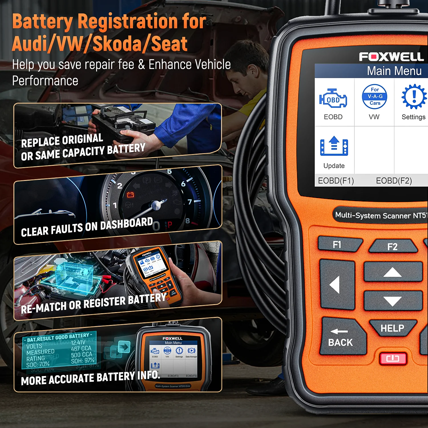 FOXWELL NT510 Elite VAG VW OBD2スキャナー 全システムスキャンコード 