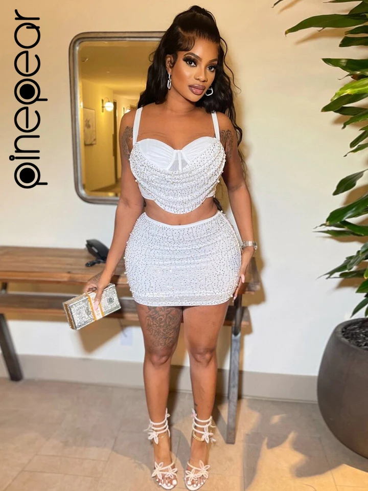 

PinePear Diamond Mesh 2 Piece Set Womens Outfits Spaghetti Strap Crop Top+Skinny Mini Skirt Matching Suits Sexy Fashion Clubwear