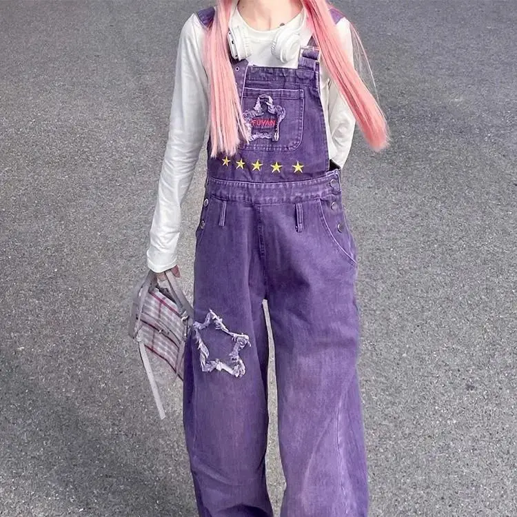 

Purple Denim Braces Trousers Embroidered Star High Waist Autumn Retro Casual Straight Braces Trousers Women Suspender Pants