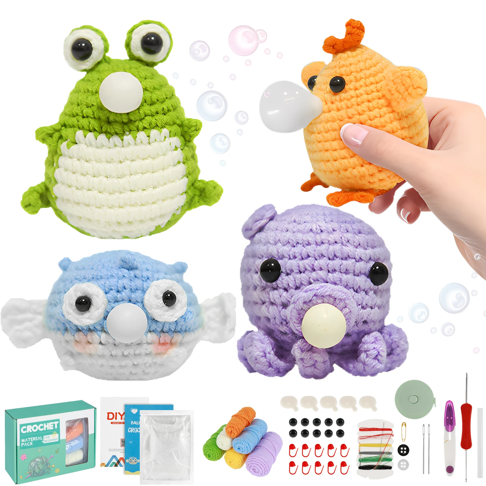 

4Pcs Crochet Kit for Beginners Complete Animal Crochet Knitting Adorable Doll Chick Frog Octopus Starter Pack Crochet Craft Kit