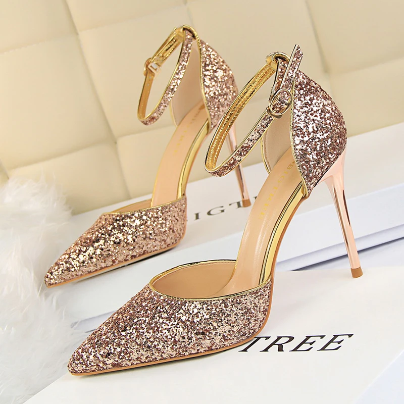 

ZOOKERLIN Pointed Sequin Women's Sandals Fashion Ladies Wedding Shoes Summer Stiletto High Heels Buckle Party Shoes Solid Color