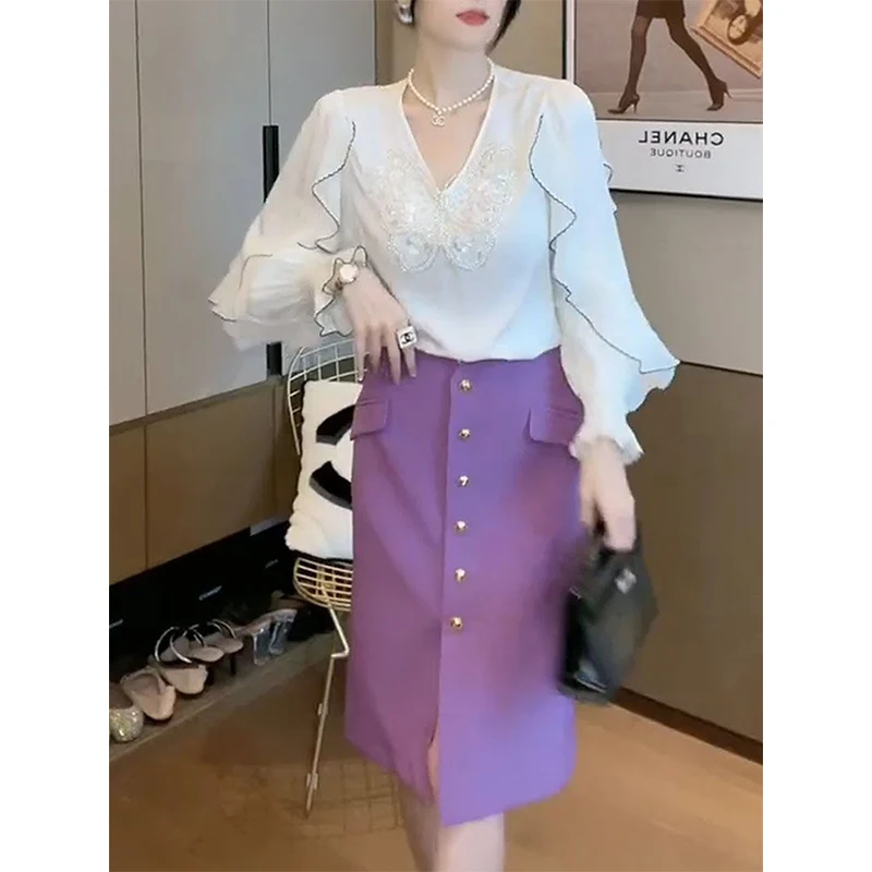 Spring Summer V-neck Butterfly Sequined Ruffles Long Sleeve Shirt Ladies Elegant Fashion Pullover Blouse Women's Clothing Top