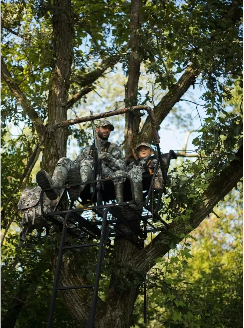 Muddy Nexus XTL 20 Foot Tall Climbing Safety System 2 Person Seat Deer Hunting Ladder Tree Stand with Flip Up Shooting Rail 6