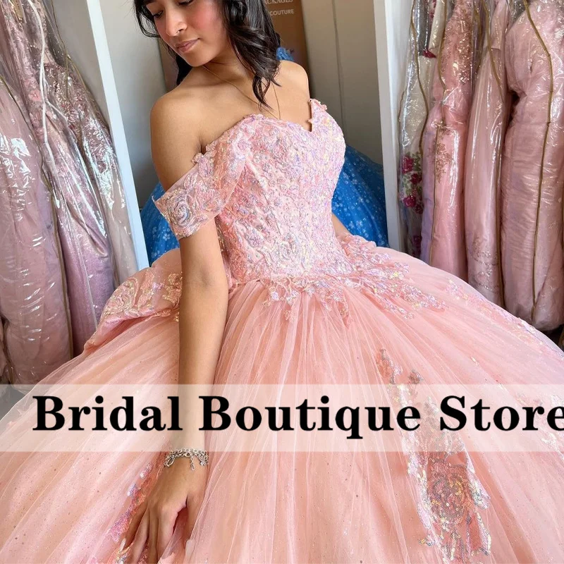 Sky Blue Ball Gown Quinceanera Dresses Bow Off Shoulder Beaded Appliques Sequins Sweet 16 Dress Vestidos De 15 a&ntilde;os