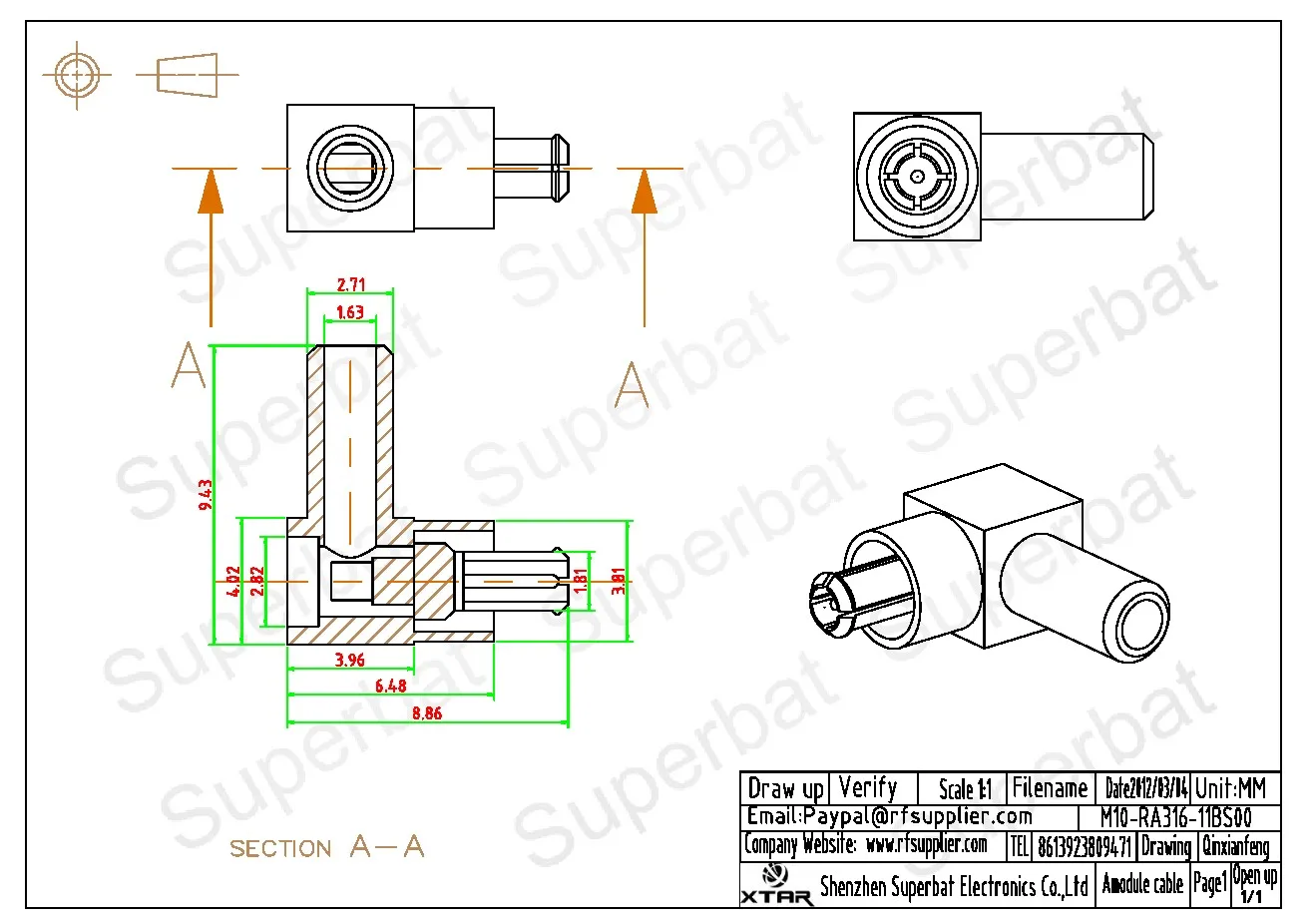 Gold Plated Right Angle RF Coaxial Connector for RG174 Cable