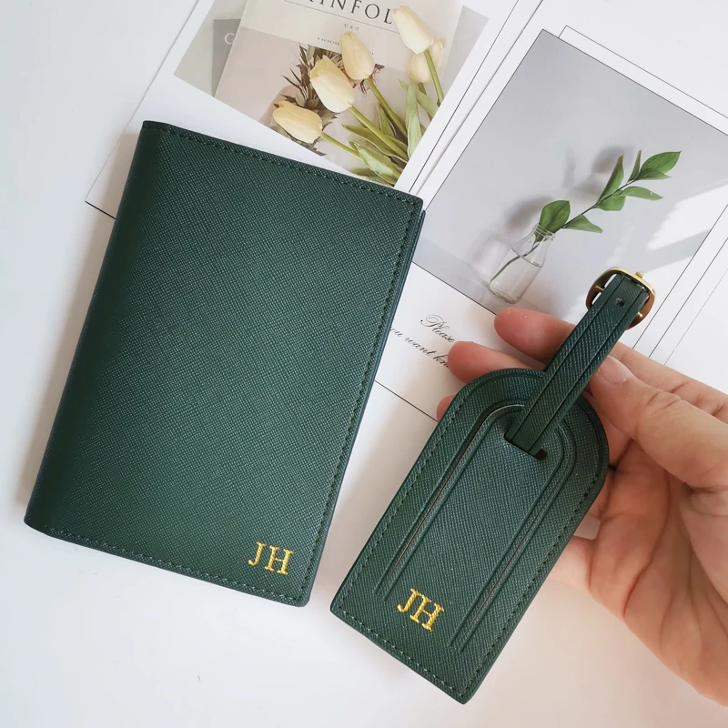Saffiano Travel Duo: Minimalist Passport and Ticket Holder with Luggage Tag in Gift Box Set