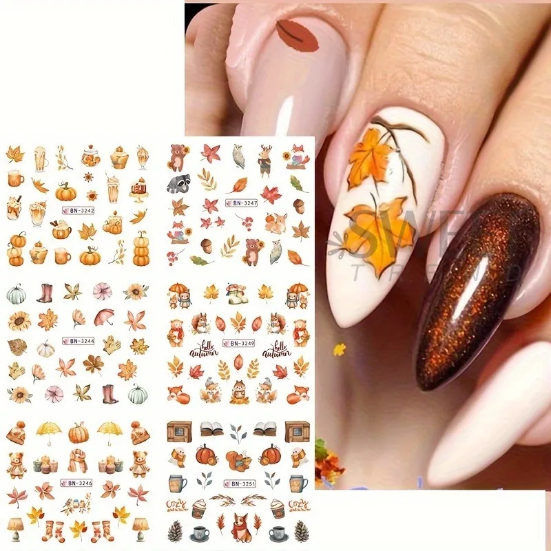 12 Designs Autumn Maple Leaf Squirrel Pumpkin Water Nail Stickers Fall Season Element Watermark Sliders DIY Manicure Decal Foils