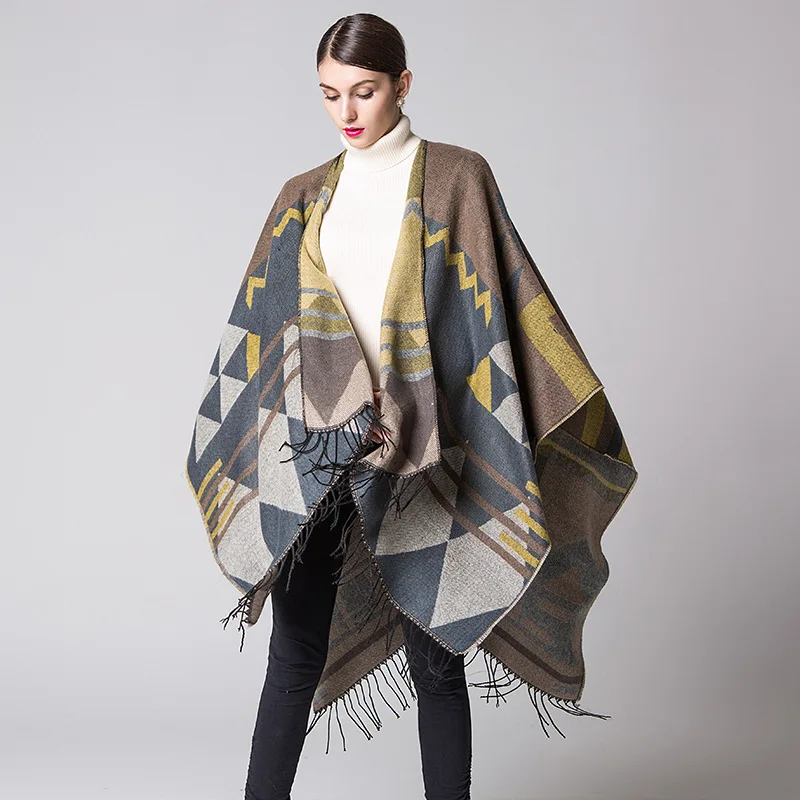 

Autumn Winter Fashion Warm Shawl Woman Slit Casual Tassel Travel Cape Cloak Female Design Two-Sided Thicken Long Wraps Scarf