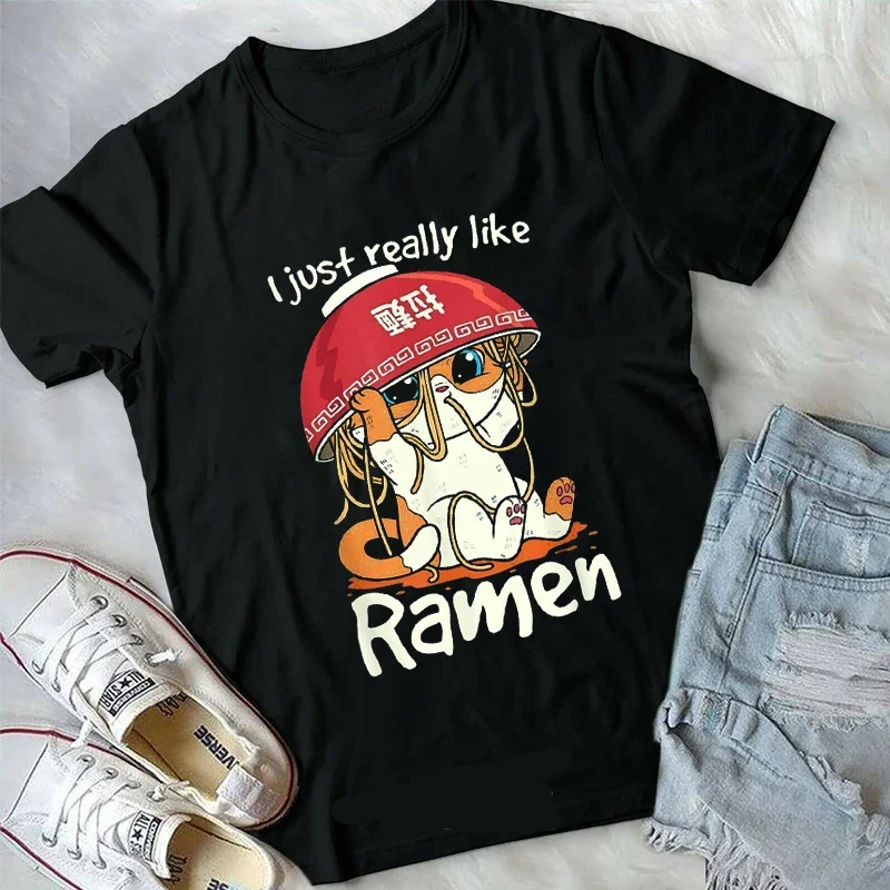 Kawaii Japanese Ramen Ramen Shirt Animated Cat Love Round Cut T-Shirt Cotton Anime Tshirt