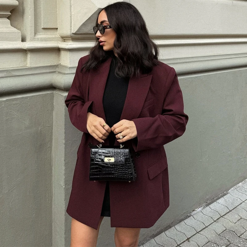 TRAF Women's Blazer Outerwears Office Wear Women Suit Jacket Autumn Long Sleeve Burgundy Blazers Formal Woman Minimalist Blazer 5