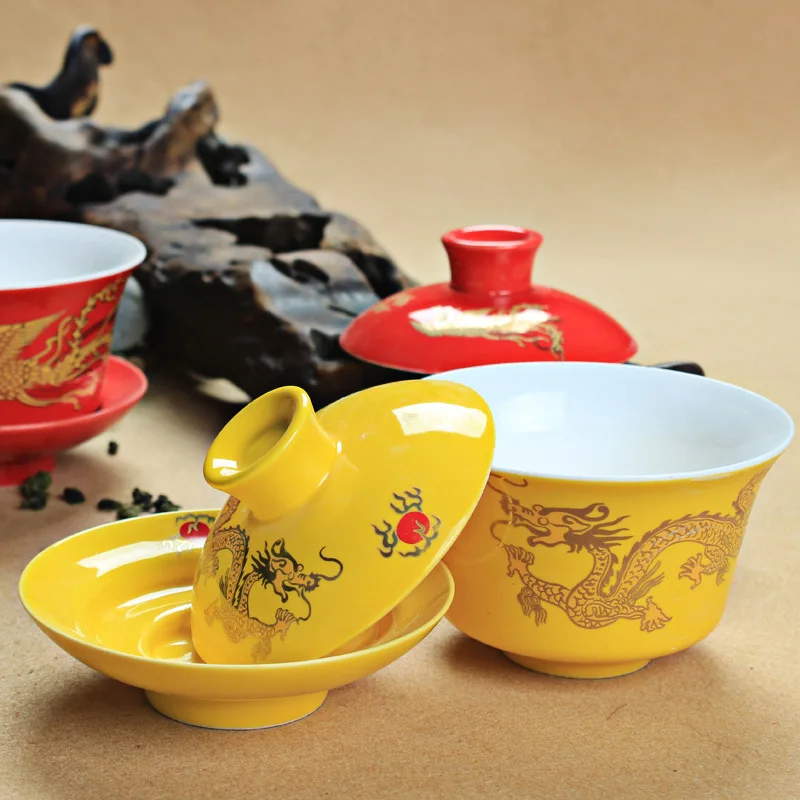 

Китайская кружка Puer, Gaiwan, красный, желтый дракон, Феникс, свадебная чаша для чая, фарфоровая чашка, чаван, кунг-фу, суп с крышкой, керамическая