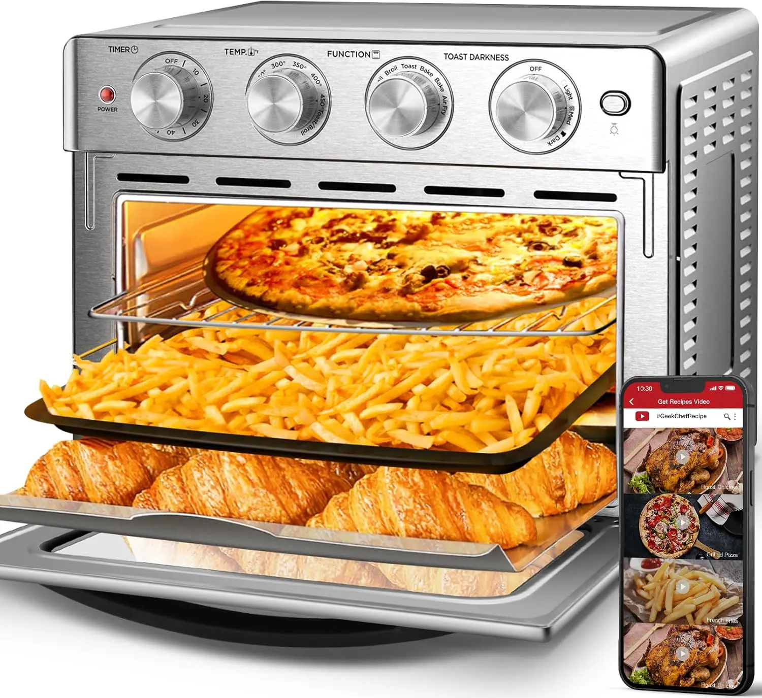 Air Fryer Toaster Oven, 7-In-1 Toaster Oven Countertop with Toast, Bake, Air Fry, Broil Convection Function, 26QT, Stainless Ste