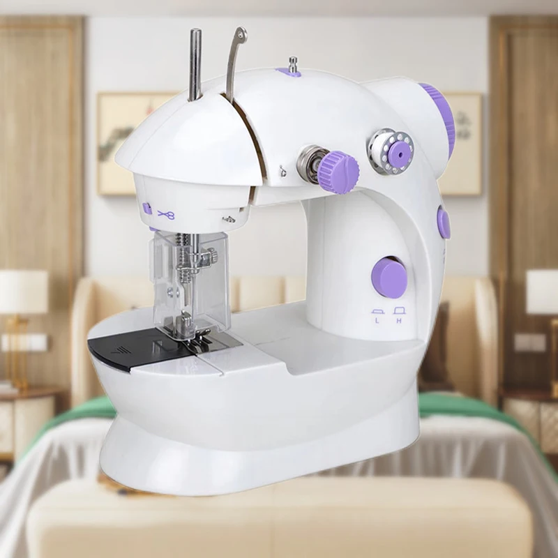 Mini Electric Overlock Sewing Machine 2-Speed Double Thread Household with Light Cutter Foot Pedal Night Light Sewing Machine