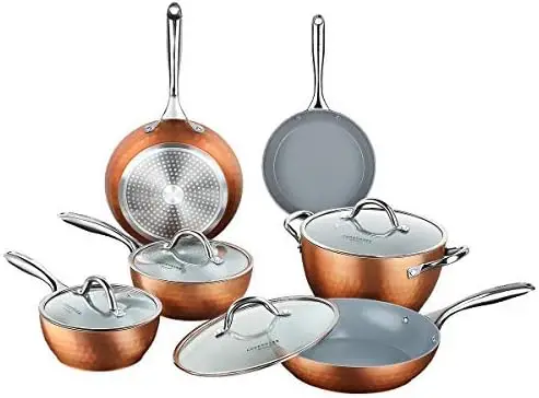 COOKSMARK 10 Piece Hammered Copper Cookware Set with Nonstick Coating,  Induction Pots and Pans Set Dishwasher Safe