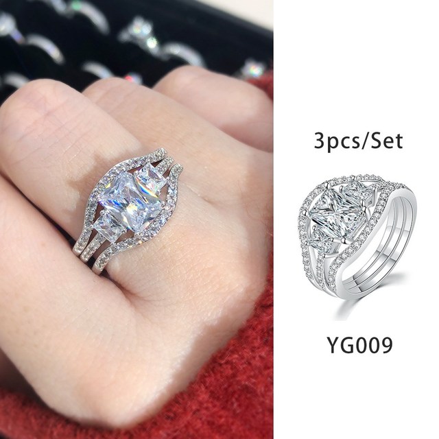 Luxury Diamond Promise Ring Set for Women Bridal Silver Color Big Zircon Proposal Marriage Wedding Cocktail Ring Jewelry