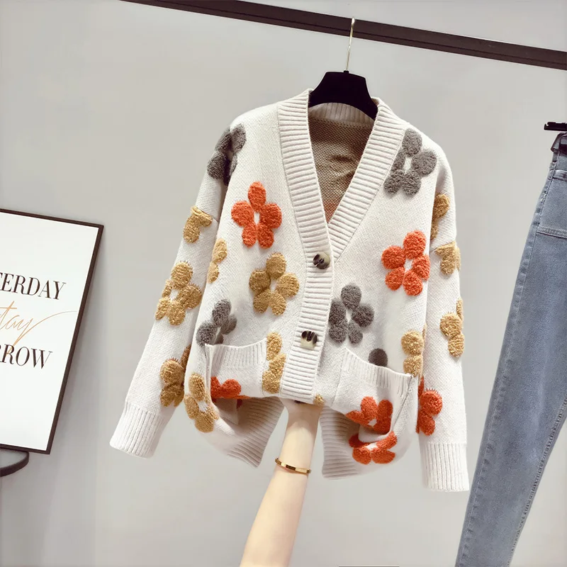 V-Neck Floral Knitted Cardigan Jacket