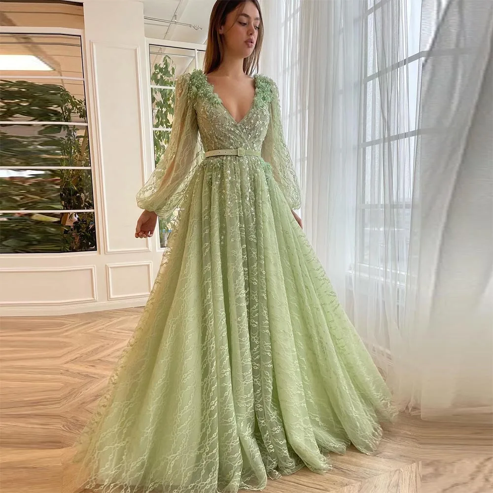 

Sevintage Green Lace Appliques Prom Dresses Beading Crystal V-Neck Long Sleeves A-Line Saudi Arabic Women Party Evening Gowns