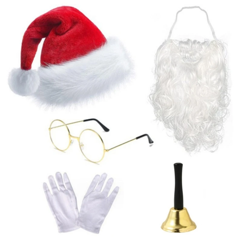 

Santa Clause Dress Up Clothing Set Plush Christmas Hat & White Beard Glasses & Gloves Holiday Costume Accessories Kits Dropship