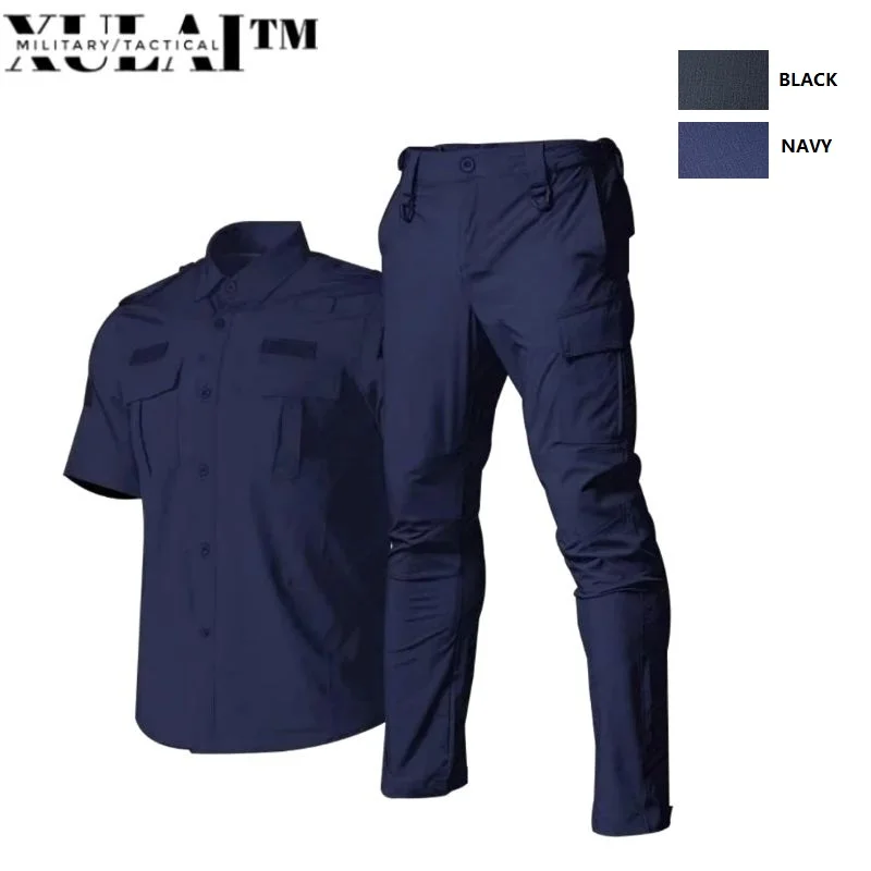 High Strech Material Quick-drying Ribstop Hats Police Uiforms With 8 in Police Equipment Black Navy Blue Police Suit For Men summer running clothes for men two piece breathable sportswear set with quick dry t shirt and shorts mens clothing