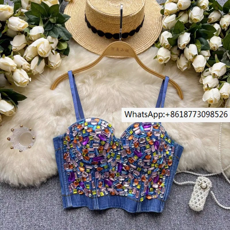 euramerican-ins-beading-hot-drill-camisole-women's-summer-design-fashion-slim-short-wear-denim-bra